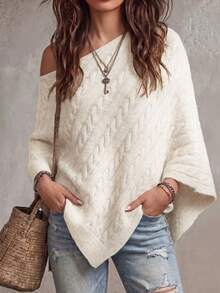 SHEIN Spring Fall Cable Knit Off Shoulder Poncho, Irregular Hem Slimming Elegant Luxurious Knit Pullover Shawl For Women - Beige - View 5