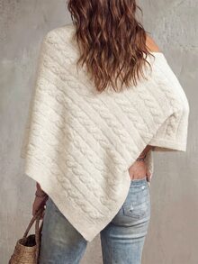 SHEIN Spring Fall Cable Knit Off Shoulder Poncho, Irregular Hem Slimming Elegant Luxurious Knit Pullover Shawl For Women - Beige - View 2