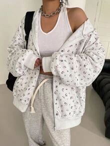 DAZY Women's Spring/Autumn White Floral All-Over Print Loose Oversized Sweatshirt Sweatshirt With Drawstring, Casual Streetwear Daily Home Wear - White - View 3