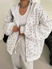 DAZY Women's Spring/Autumn White Floral All-Over Print Loose Oversized Sweatshirt Sweatshirt With Drawstring, Casual Streetwear Daily Home Wear - White - View 1