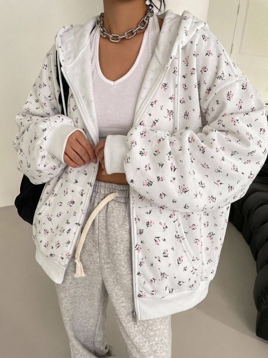 DAZY Women's Spring/Autumn White Floral All-Over Print Loose Oversized Sweatshirt Sweatshirt With Drawstring, Casual Streetwear Daily Home Wear - White - View 1