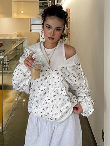 DAZY Women's Spring/Autumn White Floral All-Over Print Loose Oversized Sweatshirt Sweatshirt With Drawstring, Casual Streetwear Daily Home Wear - White - View 5