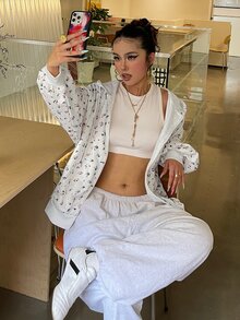 DAZY Women's Spring/Autumn White Floral All-Over Print Loose Oversized Sweatshirt Sweatshirt With Drawstring, Casual Streetwear Daily Home Wear - White - View 6