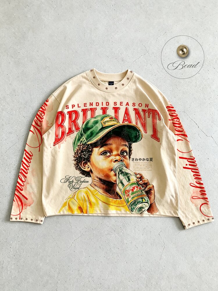 ROMWE MEN 2026 Spring/Autumn/Winter New Fashion Casual Couple Unisex Long Sleeve Printed Graphic Design T-Shirt Vintage American California Street Vacation Style Crew Neck Autumn Top Thin Pullover T-Shirt - Apricot - View 1