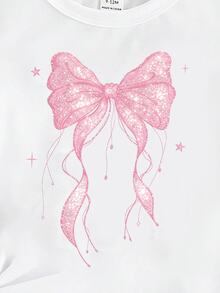 春夏嬰兒女童休閒時尚創意個性清爽簡約可愛日系卡通粉色蝴蝶結愛心圖案印花休閒風基本款短袖T恤舒適日常穿著舒適夏季秋季風格適合春夏季秋季女童氛圍外出上衣 - 白色 - 查看 5