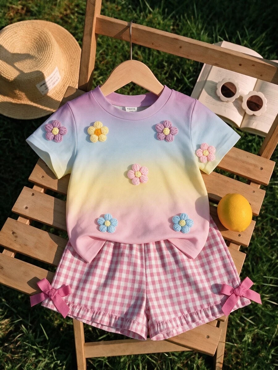 SHEIN Baby Girls Rainbow Gradient Colorful Floral Digital Print Round Neck Short Sleeve Top,Soft Summer Color Palette,Summer,Cute, Korean Style - Multicolor - View 1