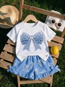 SHEIN Baby Girl Blue And White Floral Bow Pattern Basic Daily Comfortable White Short Sleeve T-Shirt - White - View 1