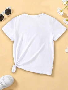 SHEIN Baby Girl Blue And White Floral Bow Pattern Basic Daily Comfortable White Short Sleeve T-Shirt - White - View 2