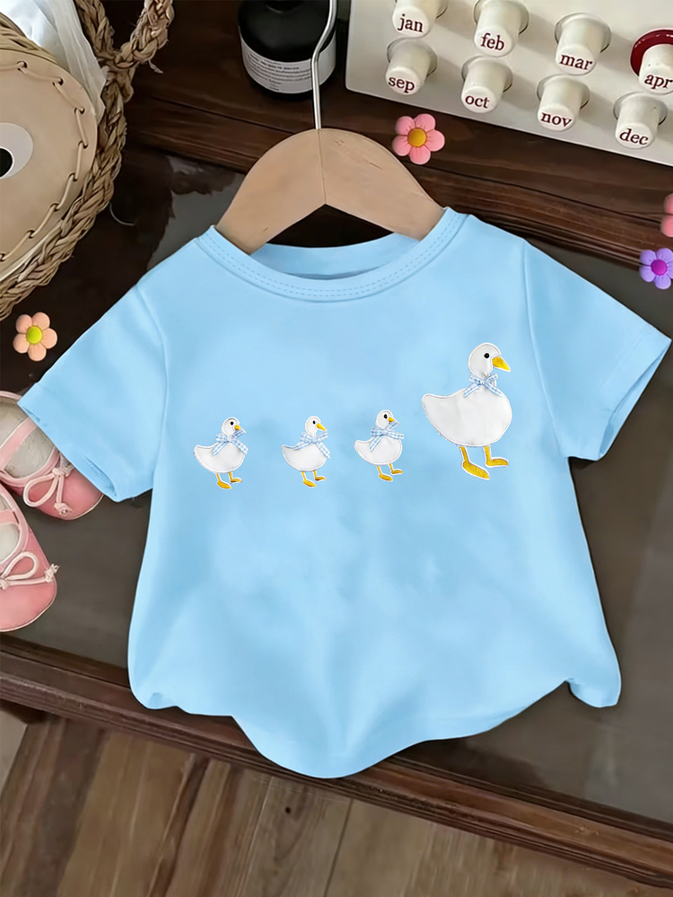 Baby Girls' Light Blue And White Duck Print Short T-Shirt,Summer Casual Cute Plaid Bow Decor Creative Personalized Fresh Minimalist Top - Hot Pink - View 4