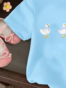 春夏女童休闲时尚创意个性清新可爱简约小鸭蓝白格子蝴蝶结装饰图案印花舒适基础款短款T恤，适合春、夏、秋季日常穿着 - 玫紅色 - 查看 5
