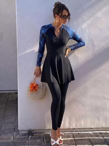 Swim Mulvari Summer Beach Women's Plant Print Raglan Long Sleeve Jumpsuit & Long Pants Swimsuit Set - Multicolor - View 7