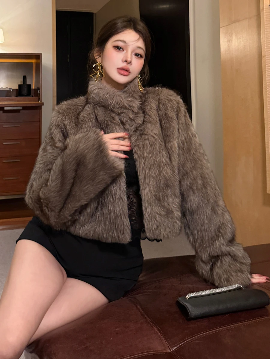 DAZY Women's Taupe High Neck Short Faux Fur Fluffy Jacket, Elegant Casual Commuter Coat For Autumn/Winter, Suitable For Party Dinner Night Out, Streetwear - Brown - View 1