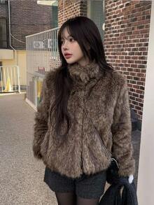 DAZY Women's Taupe High Neck Short Faux Fur Fluffy Jacket, Elegant Casual Commuter Coat For Autumn/Winter, Suitable For Party Dinner Night Out, Streetwear - Brown - View 9