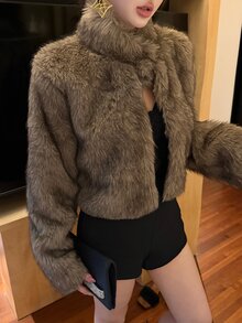 DAZY Women's Taupe High Neck Short Faux Fur Fluffy Jacket, Elegant Casual Commuter Coat For Autumn/Winter, Suitable For Party Dinner Night Out, Streetwear - Brown - View 7