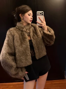 DAZY Women's Taupe High Neck Short Faux Fur Fluffy Jacket, Elegant Casual Commuter Coat For Autumn/Winter, Suitable For Party Dinner Night Out, Streetwear - Brown - View 8