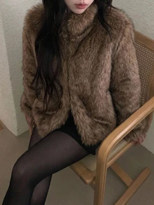 DAZY Women's Taupe High Neck Short Faux Fur Fluffy Jacket, Elegant Casual Commuter Coat For Autumn/Winter, Suitable For Party Dinner Night Out, Streetwear - Brown - View 11