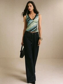 Poéselle 女款拼色不規則條紋V領彈性背心,休閒無袖細肩帶上衣,適合春夏穿搭、疊穿與返校季 - 彩色 - 查看 7