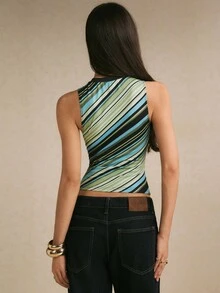 Poéselle 女款拼色不規則條紋V領彈性背心,休閒無袖細肩帶上衣,適合春夏穿搭、疊穿與返校季 - 彩色 - 查看 3
