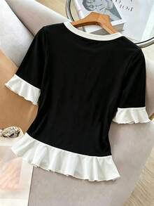 Selianne Women's Elegant Casual Short Sleeve T-Shirt, Color Block Round Neck, Fake Button Panel, Contrast Trim At Collar, Cuffs, And Hem - Black - View 2