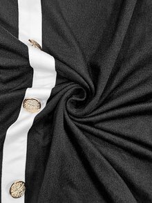 Selianne Women's Elegant Casual Short Sleeve T-Shirt, Color Block Round Neck, Fake Button Panel, Contrast Trim At Collar, Cuffs, And Hem - Black - View 8