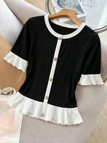 Selianne Women's Elegant Casual Short Sleeve T-Shirt, Color Block Round Neck, Fake Button Panel, Contrast Trim At Collar, Cuffs, And Hem - Black - View 1