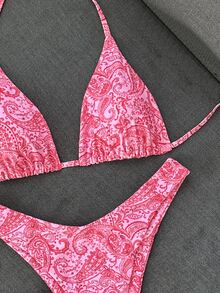 SHEIN Swim 女款佩斯利印花度假休閒性感熱帶比基尼套裝，海灘派對亮粉色夏季款 - 彩色 - 查看 3