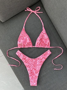 SHEIN Swim 女款佩斯利印花度假休閒性感熱帶比基尼套裝，海灘派對亮粉色夏季款 - 彩色 - 查看 2