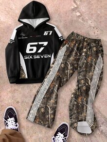 青少年男孩秋冬休閒街頭風 67字母葉片白色條紋印花連帽衛衣寬腿褲 2件套 校園運動棕色 - 彩色 - 查看 4