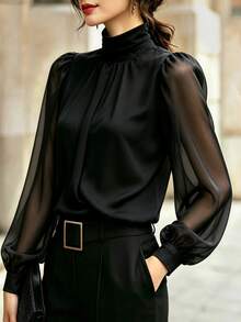 SHEIN Casual Commute Versatile Leopard Print Chiffon Blouse For Women, Leopard Print Chiffon Long Sleeve Top, Spring/Autumn Shirt, Early Autumn Top, New Style - Black - View 3