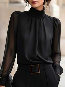 SHEIN Casual Commute Versatile Leopard Print Chiffon Blouse For Women, Leopard Print Chiffon Long Sleeve Top, Spring/Autumn Shirt, Early Autumn Top, New Style - Black - View 4