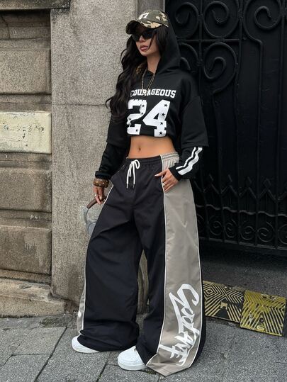 Coolane Women's Fall/Winter Streetwear Going Out Casual Sportswear Black Color-Blocked Graphics Parachute Pants For Sport,Couple Same Style