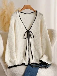CosyJoli Women's Plaid Textured V-Neck Knit Cardigan, Loose Fit With Scalloped Edge, Tie-Up Bow, Fuzzy Sweater Jacket, Autumn/Winter - Apricot - View 7