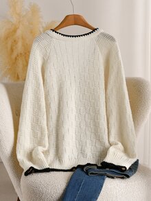 CosyJoli Women's Plaid Textured V-Neck Knit Cardigan, Loose Fit With Scalloped Edge, Tie-Up Bow, Fuzzy Sweater Jacket, Autumn/Winter - Apricot - View 3