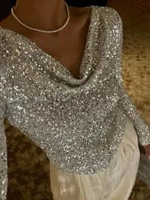 DAZY Women's Silver Sequin Shiny Draped Neck Long Sleeve Slim Fit Sexy Party Nightclub Date Top, Autumn/Winter Y2k - Silver - View 3