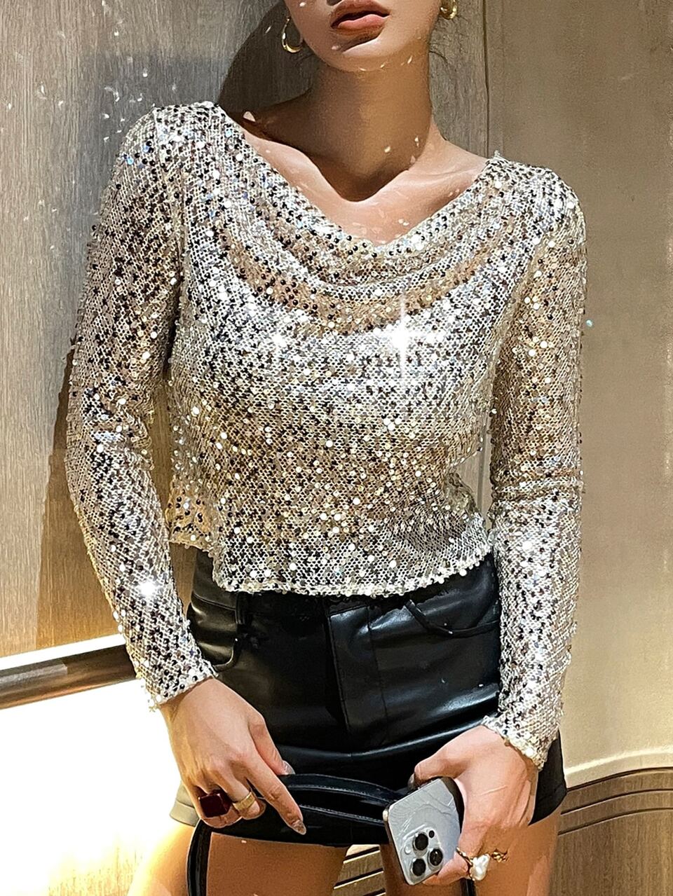 Women's Silver Sequin Shiny Draped Neck Long Sleeve Slim Fit Sexy Party Nightclub Date Top, Autumn/Winter