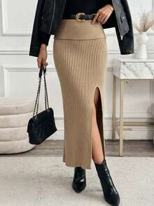 SHEIN Rok Rajut Slim Fit Bergaris Warna Cokelat Muda dengan Belahan, Cocok untuk Acara Kantor Musim Gugur/Musim Dingin, Minimalis dan Elegan - Khaki - View 8