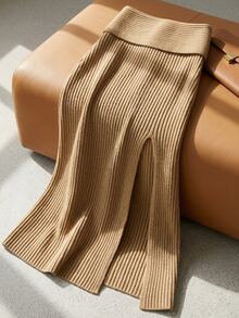 SHEIN Rok Rajut Slim Fit Bergaris Warna Cokelat Muda dengan Belahan, Cocok untuk Acara Kantor Musim Gugur/Musim Dingin, Minimalis dan Elegan - Khaki - View 7