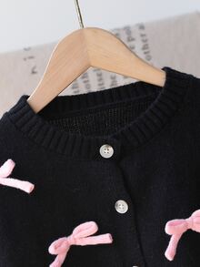 SHEIN Playful Pals 女童秋冬時尚手工蝴蝶結針織長袖開襟毛衣 嬰兒粉 - 黑色 - 查看 8