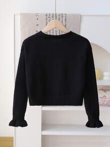 SHEIN Playful Pals 女童秋冬時尚手工蝴蝶結針織長袖開襟毛衣 嬰兒粉 - 黑色 - 查看 3