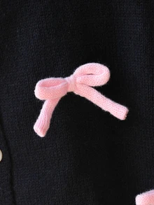 SHEIN Playful Pals 女童秋冬時尚手工蝴蝶結針織長袖開襟毛衣 嬰兒粉 - 黑色 - 查看 9