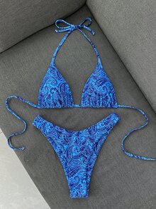 SHEIN Swim 女士热带印花两件式比基尼套装，休闲度假 - 彩色 - 查看 1
