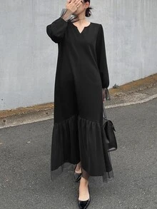FRIFUL Middle-Aged Women's Autumn Solid Color Contrast Mesh Full Skirt Dress - Black - View 13