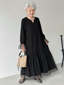 FRIFUL Middle-Aged Women's Autumn Solid Color Contrast Mesh Full Skirt Dress - Black - View 6