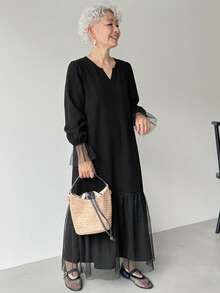 FRIFUL Middle-Aged Women's Autumn Solid Color Contrast Mesh Full Skirt Dress - Black - View 4