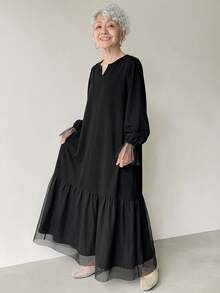 FRIFUL Middle-Aged Women's Autumn Solid Color Contrast Mesh Full Skirt Dress - Black - View 2