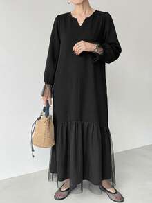 FRIFUL Middle-Aged Women's Autumn Solid Color Contrast Mesh Full Skirt Dress - Black - View 5