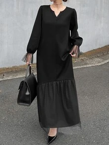 FRIFUL Middle-Aged Women's Autumn Solid Color Contrast Mesh Full Skirt Dress - Black - View 12