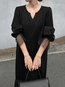 FRIFUL Middle-Aged Women's Autumn Solid Color Contrast Mesh Full Skirt Dress - Black - View 14