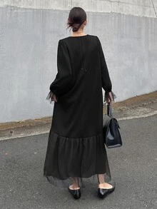 FRIFUL Middle-Aged Women's Autumn Solid Color Contrast Mesh Full Skirt Dress - Black - View 10