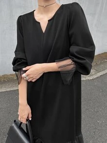 FRIFUL Middle-Aged Women's Autumn Solid Color Contrast Mesh Full Skirt Dress - Black - View 15